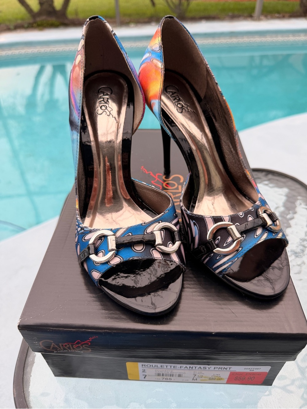 Carlos Santana Blue Multi Peep-Toe Heels with Silver Buckle. Great for Summer!